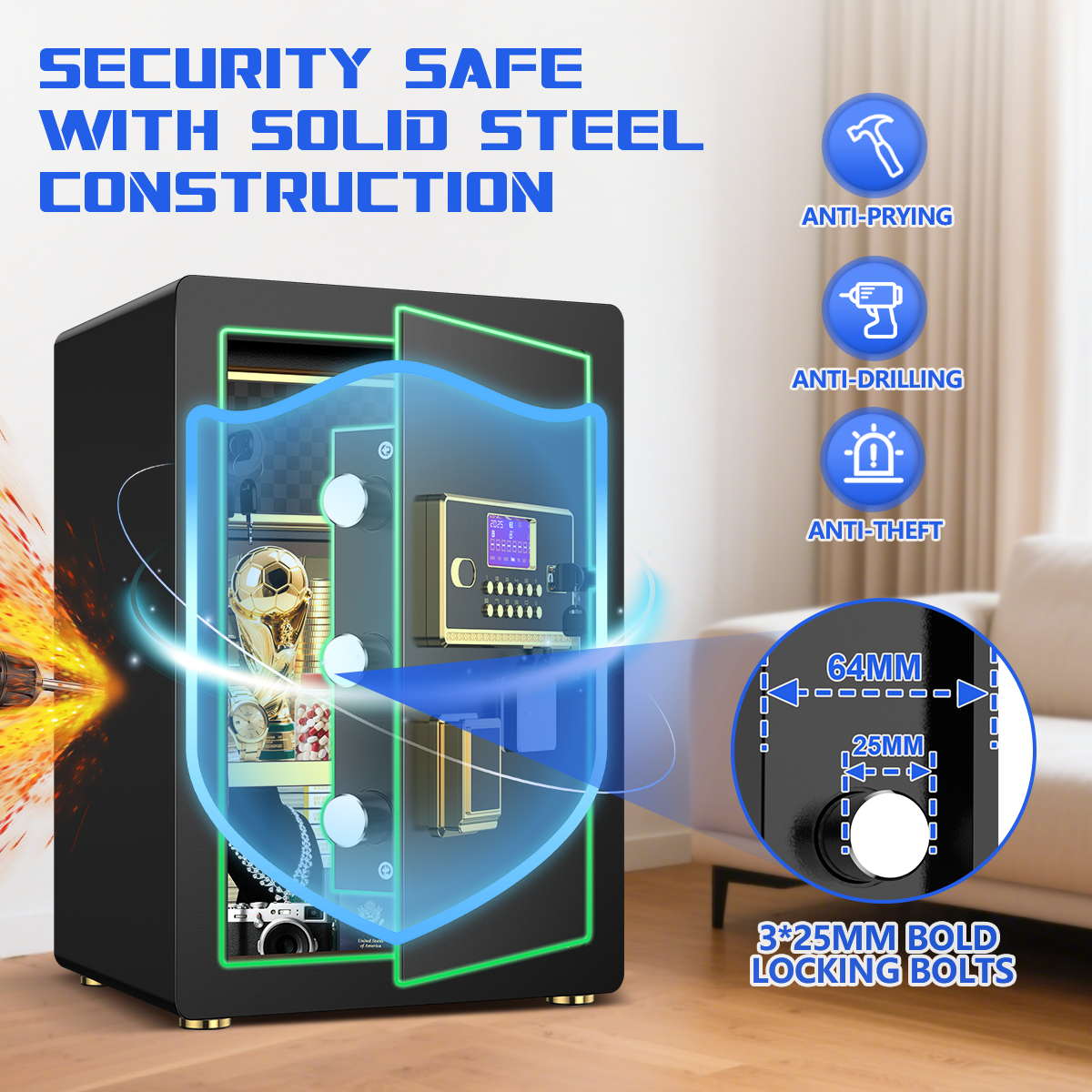 Gemaisil Large 5.0 Cuft Security Safe Box for Home & Office, Electronic Safe with Digital Keypad Lock, Built-in Dual Alarm System & Fireproof Bag(Black)