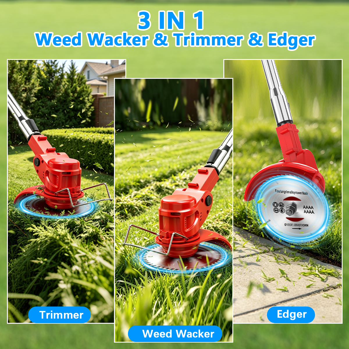 TNTANTS Electric Weed Wacker, Cordless String Trimmer with Wheels, 2Pcs 24V Batteries, 3 Types of Blades, Adjustable Length, Weed Eater Grass Trimmer/Edger/Brush Cutter for Lawn Yard Garden (Red)