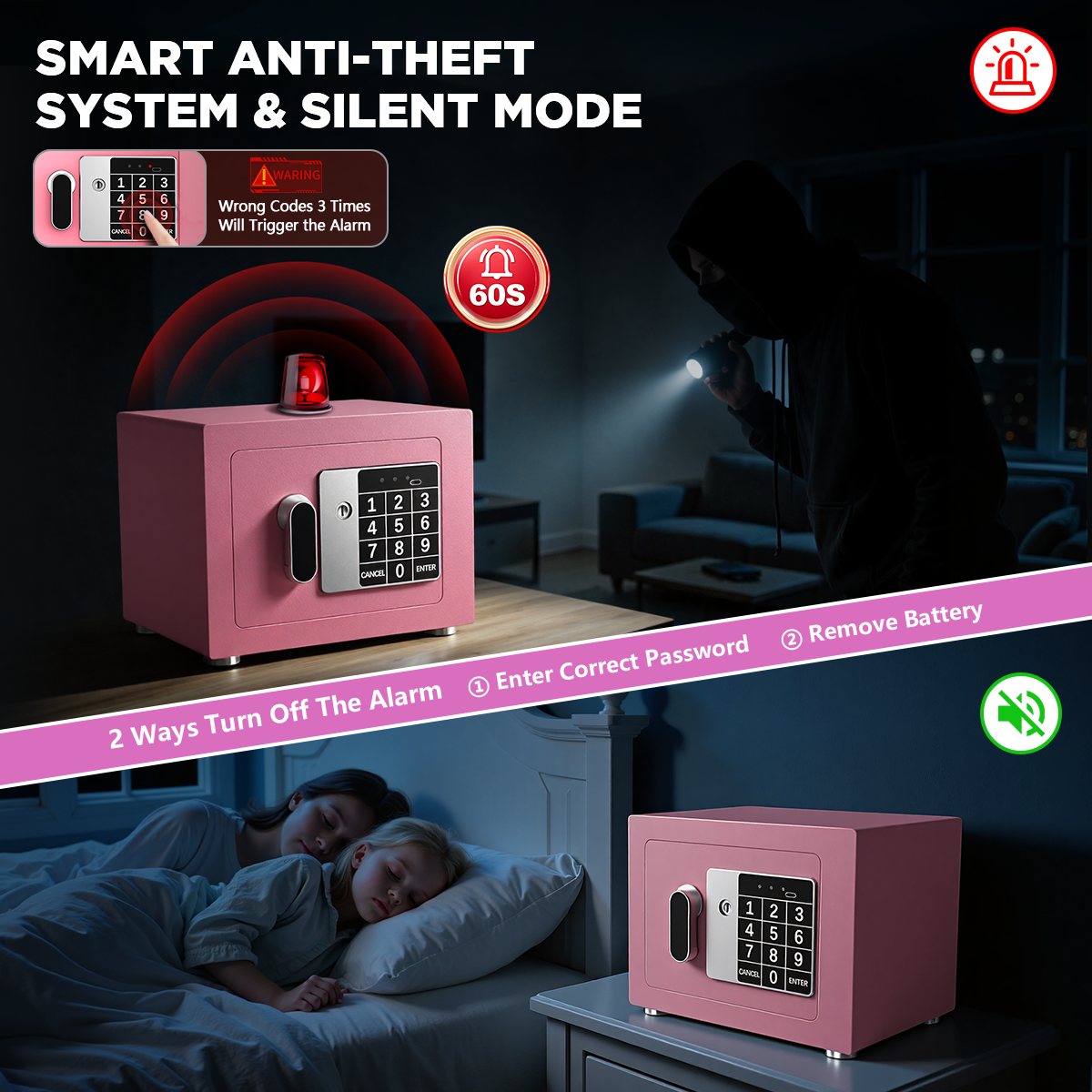 SYSENFO Electronic Digital Safe Box, 0.25 Cubic Feet Home Security Box for Office Hotel Business, Lock Box with Key Keypad for Cash Jewelry Pink