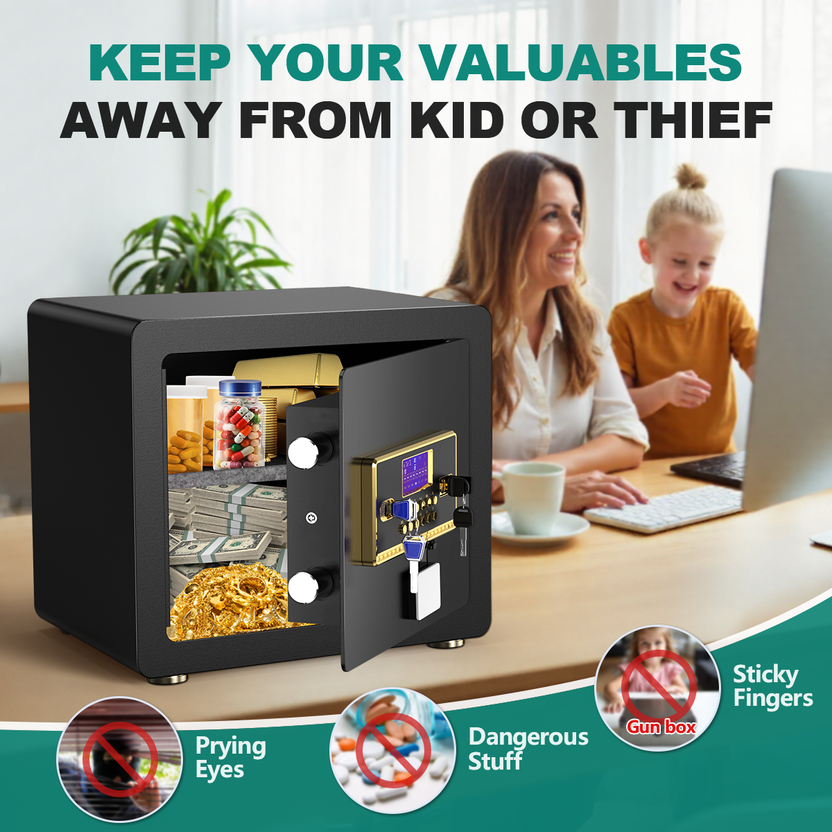 SYSENFO 1.5 Cuft Safe Box, Digital Keypad Home Security Safe With Fireproof Waterproof Bag & Adjustable Shelf