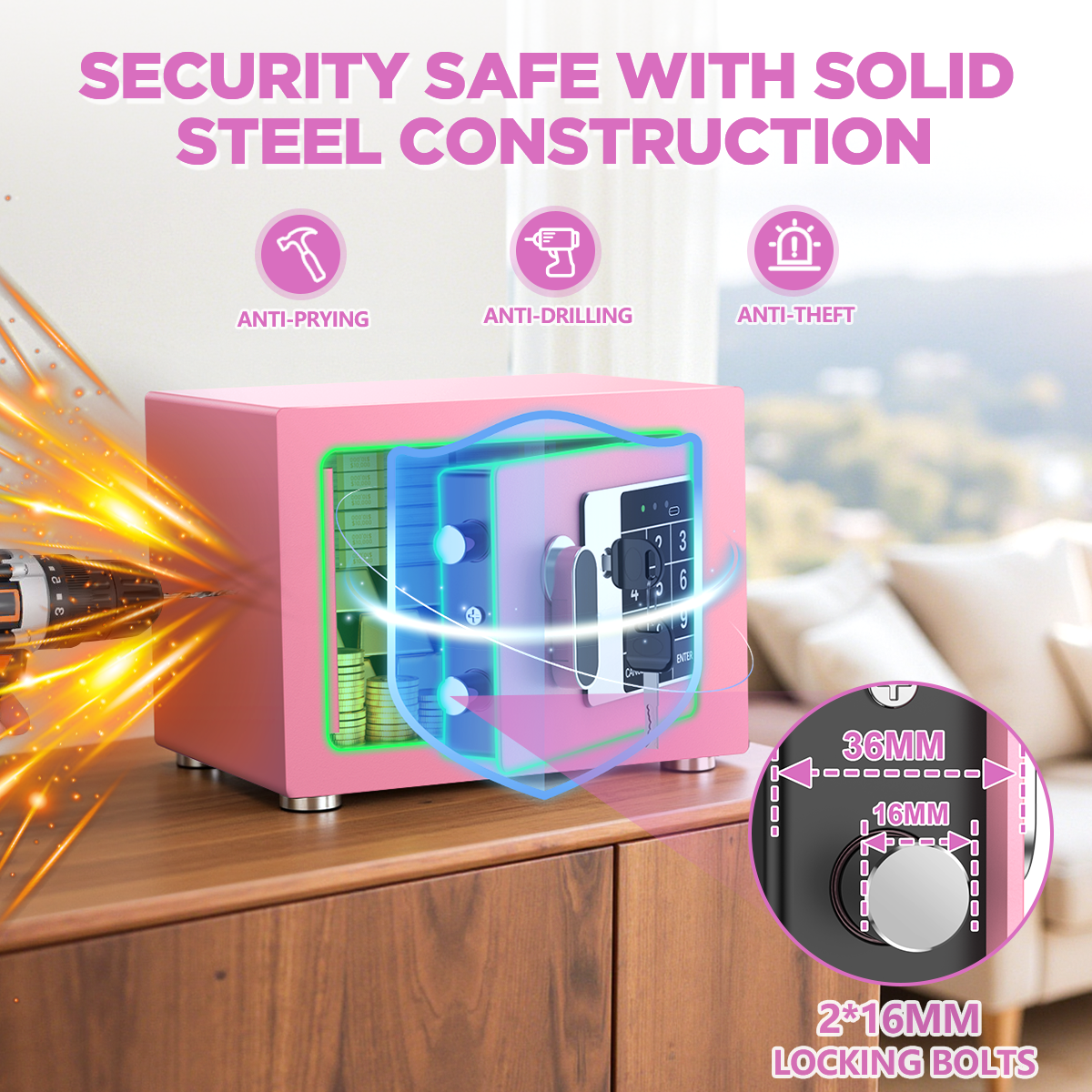 SYSENFO Electronic Digital Safe Box, 0.25 Cubic Feet Home Security Box for Office Hotel Business, Lock Box with Key Keypad for Cash Jewelry Pink