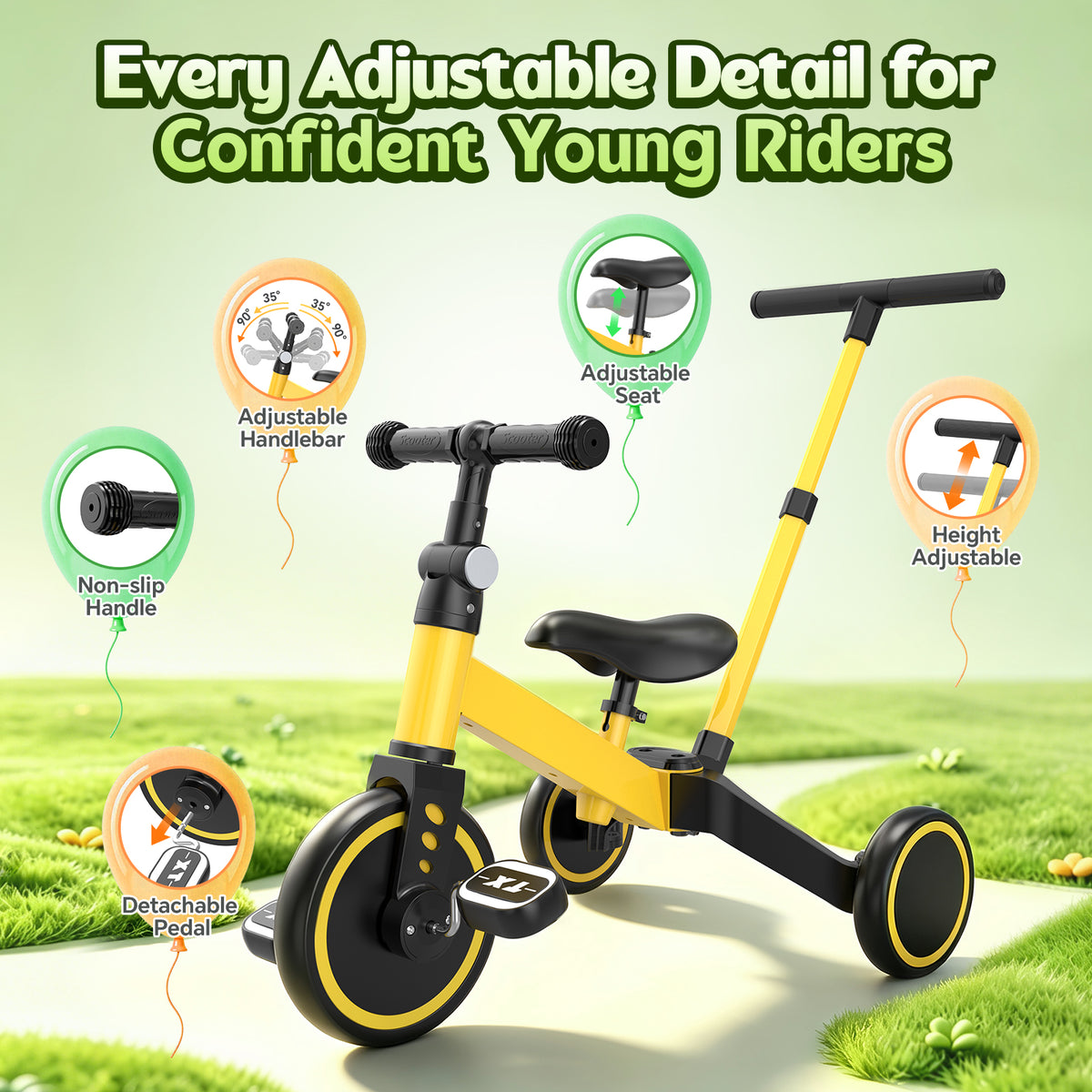 ODKDY 4 in 1 Toddler Bike, Kids Tricycle for 1-5 Years Old, Toddler Tricycle for Boy Girl, Baby Balance Bike with Parent Steering Push Handle, Removable Pedal, Adjustable Seat Yellow
