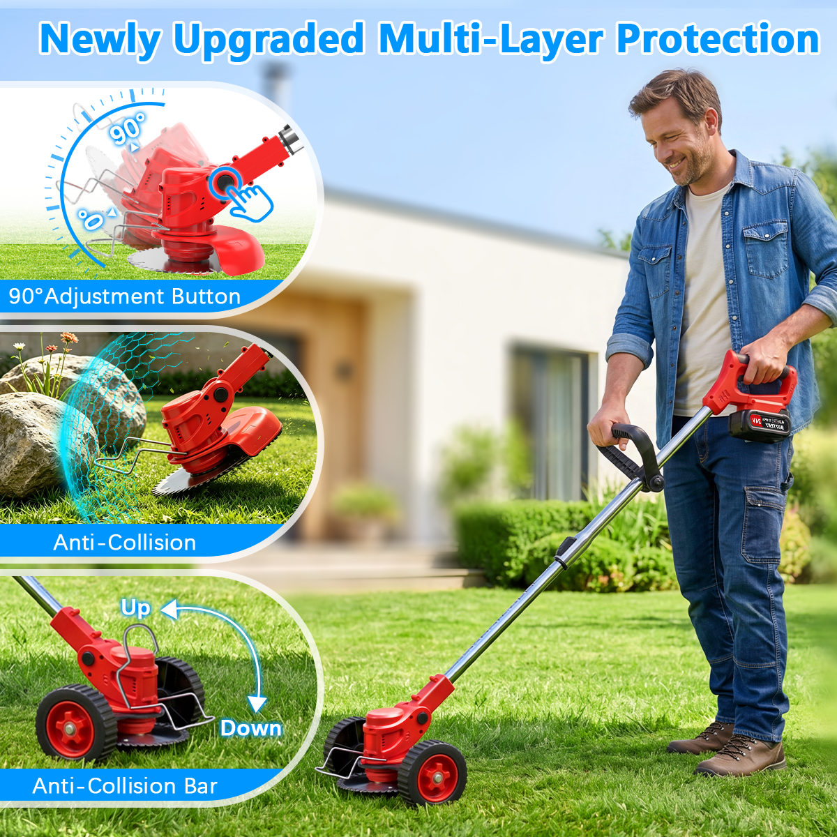 TNTANTS Electric Weed Wacker, Cordless String Trimmer with Wheels, 2Pcs 24V Batteries, 3 Types of Blades, Adjustable Length, Weed Eater Grass Trimmer/Edger/Brush Cutter for Lawn Yard Garden (Red)