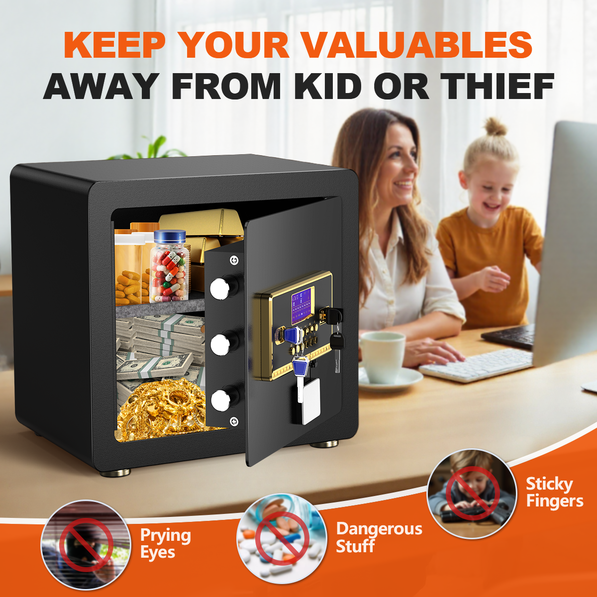 Gemaisil 2.5 Cuft Safe Box for Home & Office, Digital Keypad Home Security Safe With Fireproof Waterproof Bag & Adjustable Shelf(Black)