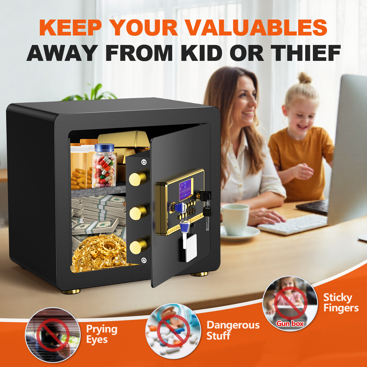 RYCUZO 2.5 Cuft Safe Box, Digital Keypad Home Security Safe With Fireproof Waterproof Bag & Adjustable Shelf