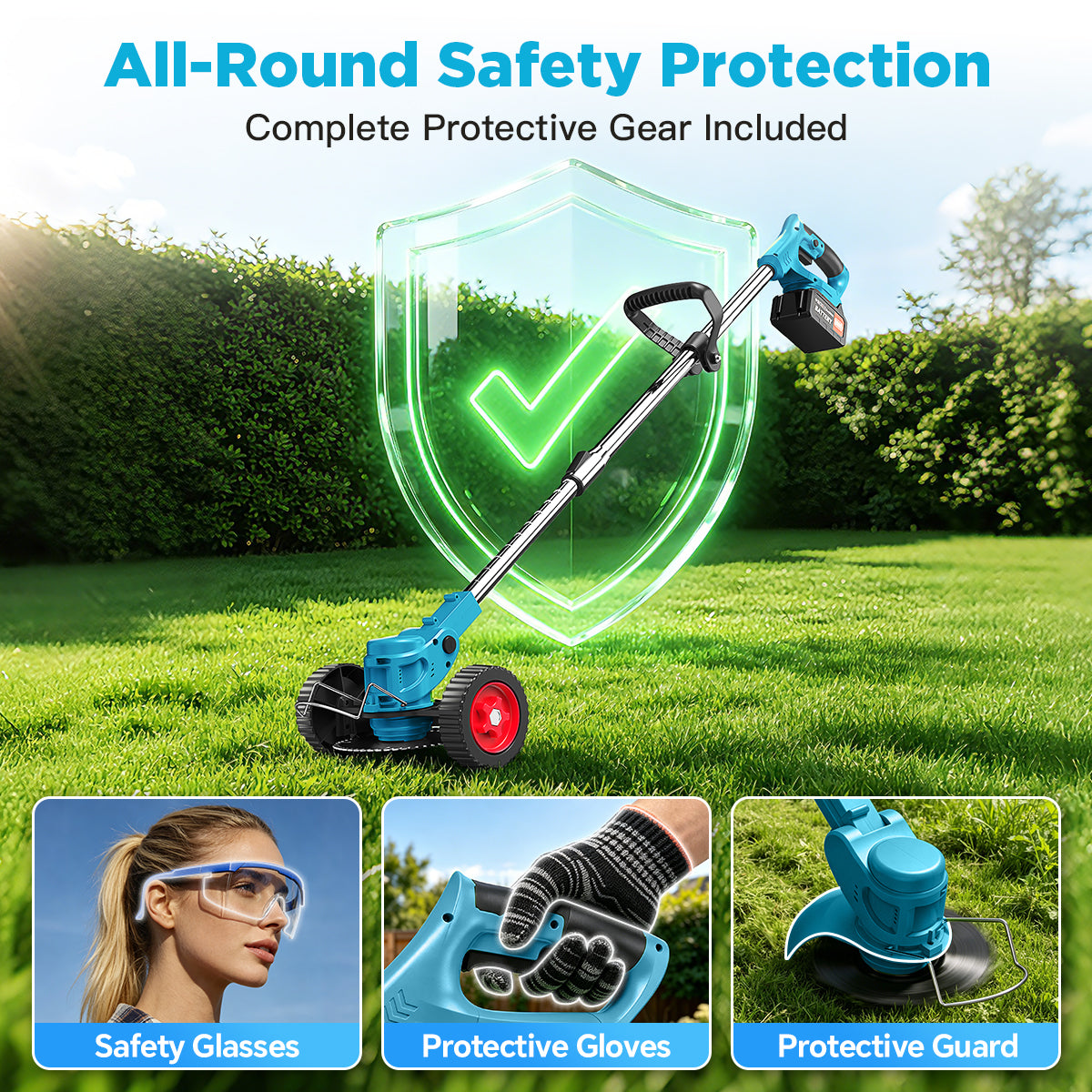 TNTANTS Weed Wacker Cordless, 3-in-1 Lightweight Electric String Trimmer with 3 Types of Blades, Wheels, 24V Battery, Weed Eater Grass Trimmer/Edger/Brush Cutter for Lawn Yard Garden (Blue)