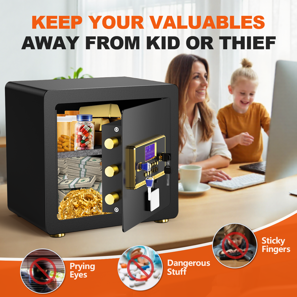 BESAFETY 2.5 Cuft Safe Box, Digital Keypad Home Security Safe With Fireproof Waterproof Bag & Adjustable Shelf