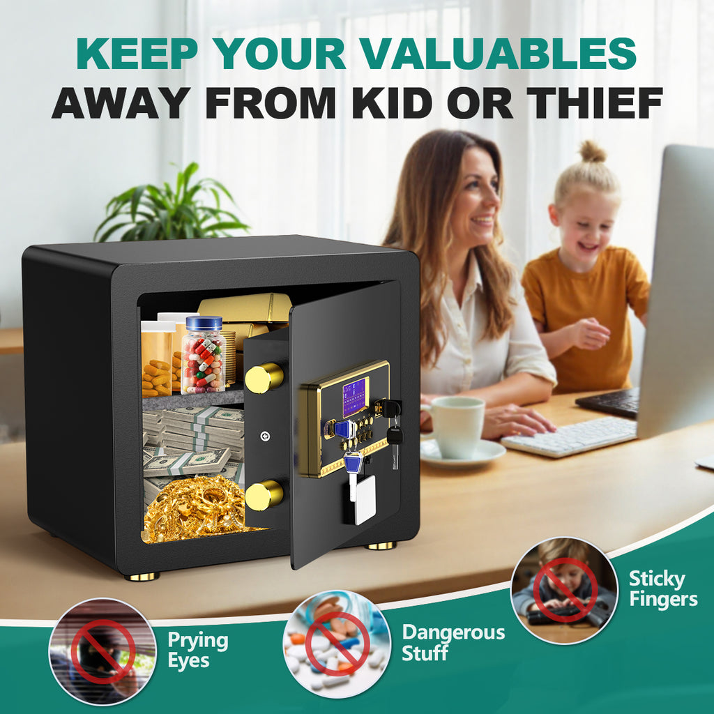 BESAFETY 1.5 Cuft Home Security Safe Box with Digital Keypad, Adjustable Shelf, Fireproof & Waterproof Bag