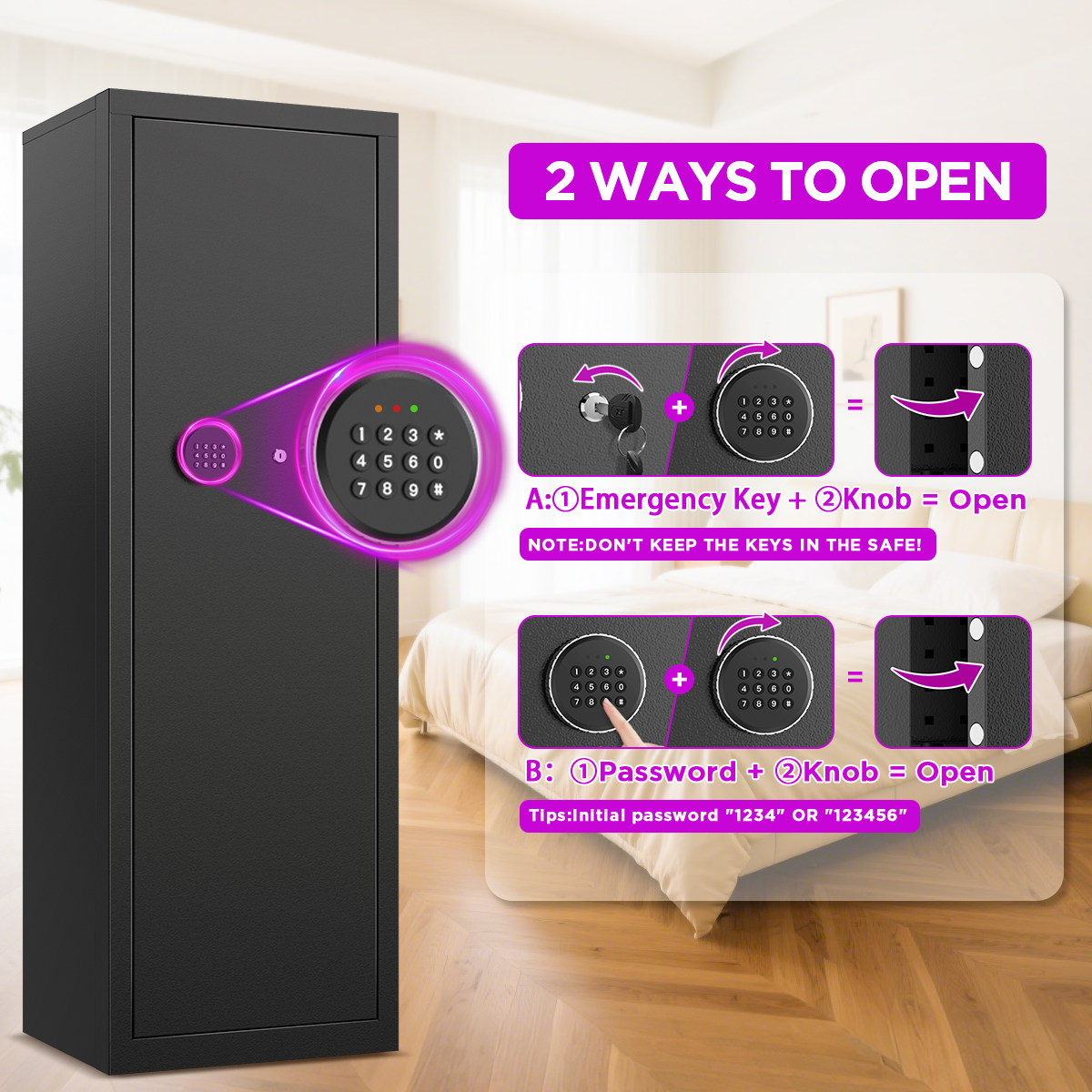 SYSENFO 8-10 Gun Cabinet, Quick Access Digital Keypad Safe for Rifles & Pistols, Removable Shelves & Pegboard, Unassembled Home Storage