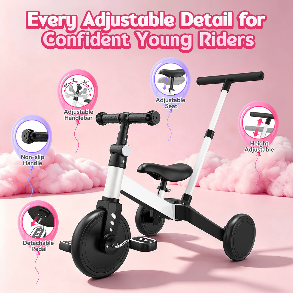 ODKDY 4 in 1 Toddler Bike, Kids Tricycle for 1-5 Years Old, Toddler Tricycle for Boy Girl, Baby Balance Bike with Parent Steering Push Handle, Removable Pedal, Adjustable Seat White