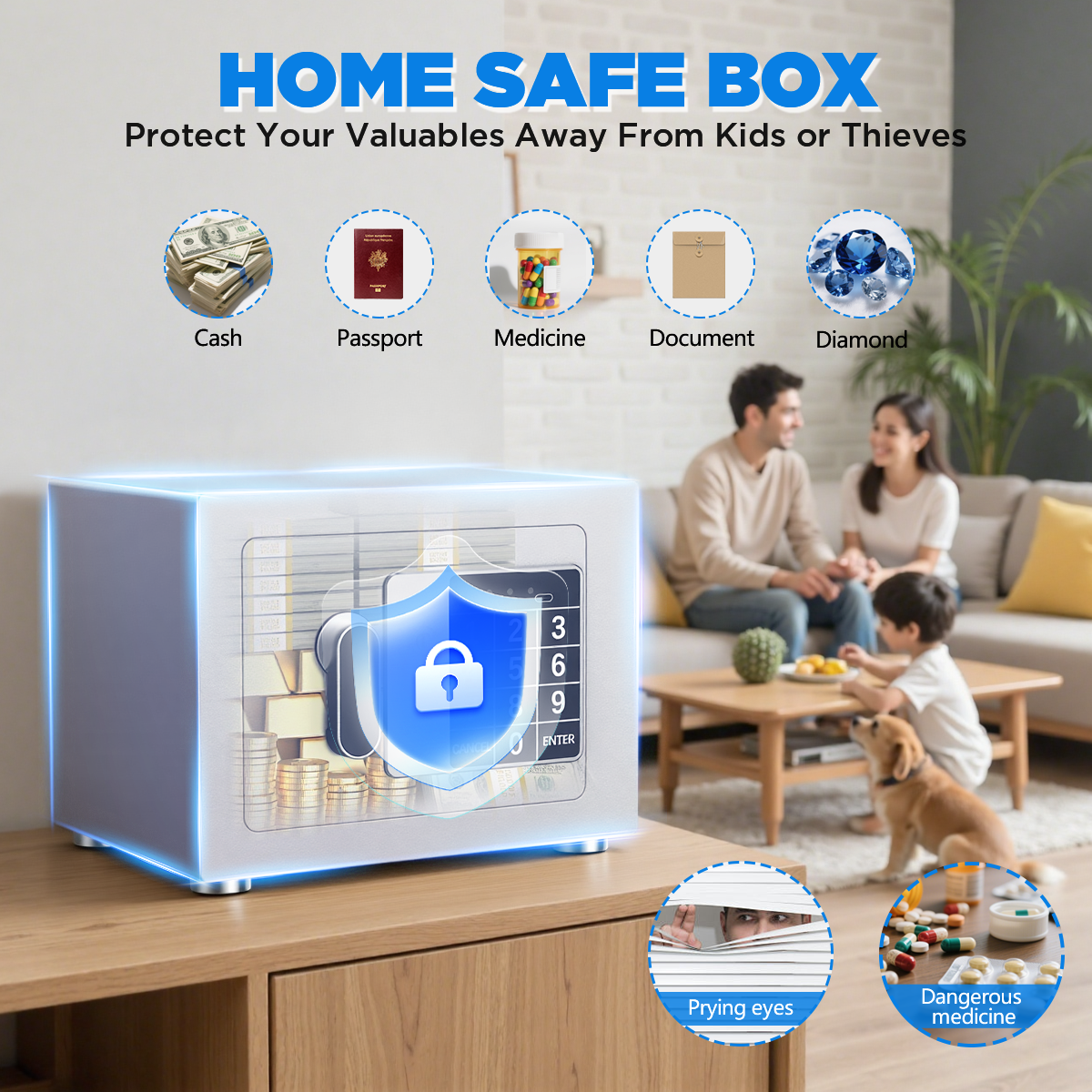SYSENFO Electronic Digital Safe Box, 0.25 Cubic Feet Home Security Box for Office Hotel Business, Lock Box with Key Keypad for Cash Jewelry White