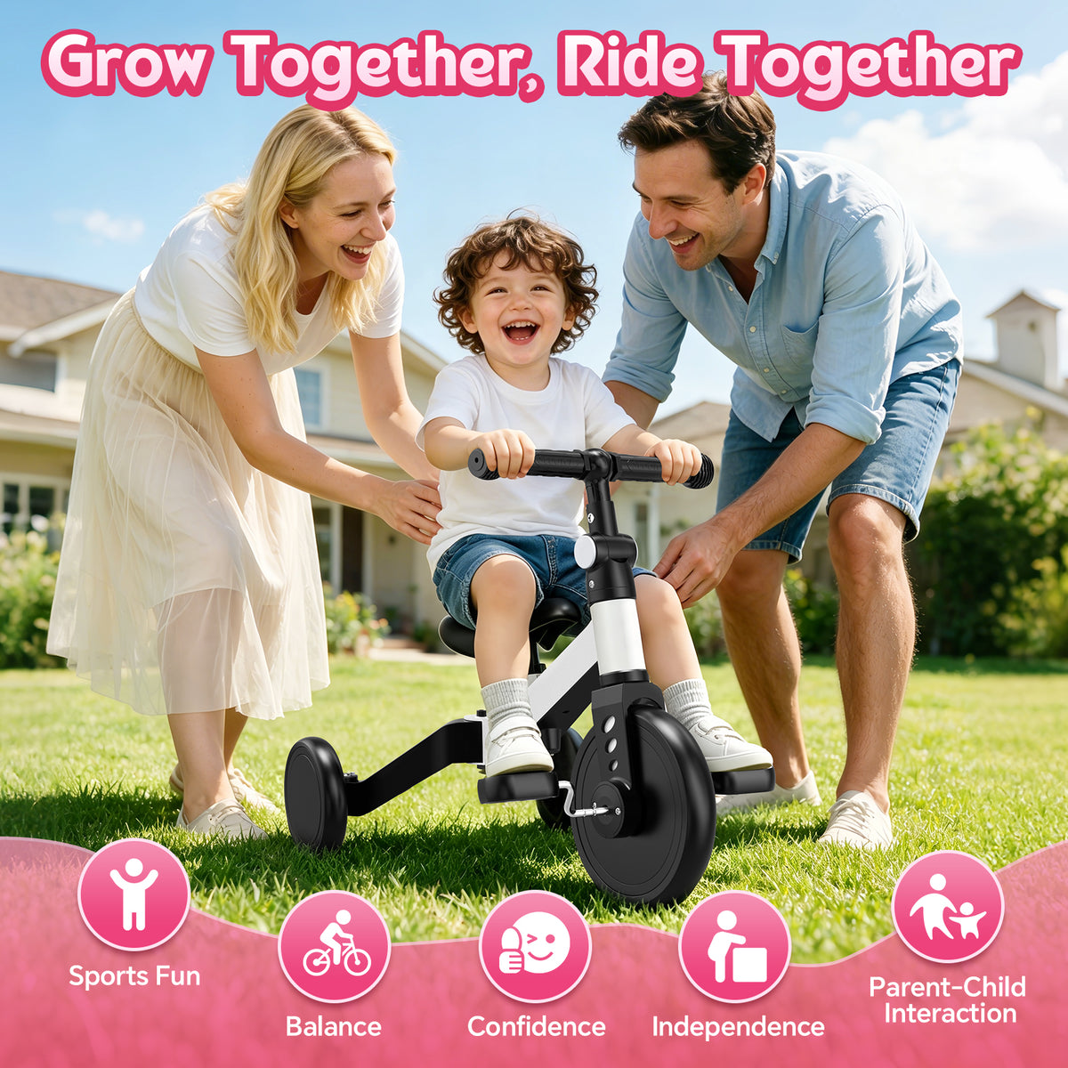 ODKDY 4 in 1 Toddler Bike, Kids Tricycle for 1-5 Years Old, Toddler Tricycle for Boy Girl, Baby Balance Bike with Parent Steering Push Handle, Removable Pedal, Adjustable Seat White