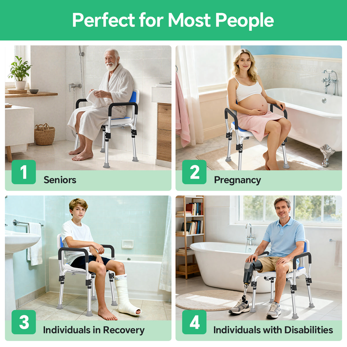 TNTANTS Shower Chair for Inside Shower with Armrests & Back, Upgraded Supports up to 350lbs Shower Seat with Padded and Grab Bar, Adjustable Height Shower Bench for Elderly Disabled