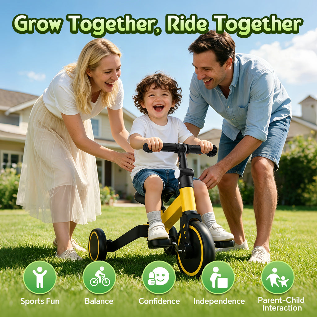 ODKDY 4 in 1 Toddler Bike, Kids Tricycle for 1-5 Years Old, Toddler Tricycle for Boy Girl, Baby Balance Bike with Parent Steering Push Handle, Removable Pedal, Adjustable Seat Yellow