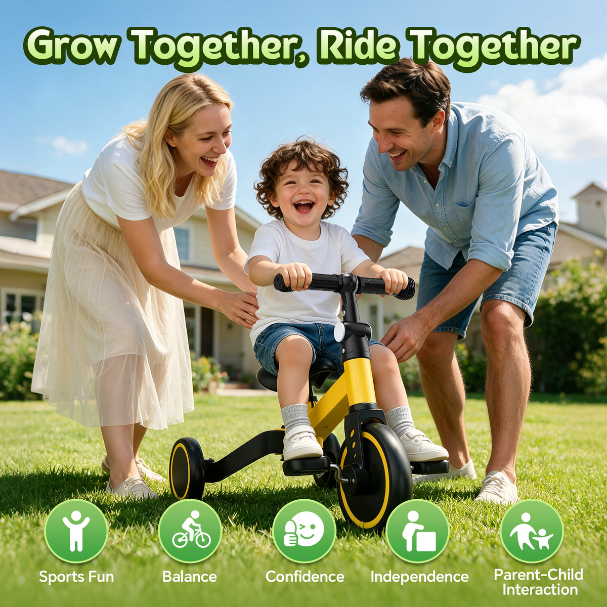 ODKDY 4 in 1 Toddler Bike, Kids Tricycle for 1-5 Years Old, Toddler Tricycle for Boy Girl, Baby Balance Bike with Parent Steering Push Handle, Removable Pedal, Adjustable Seat Yellow