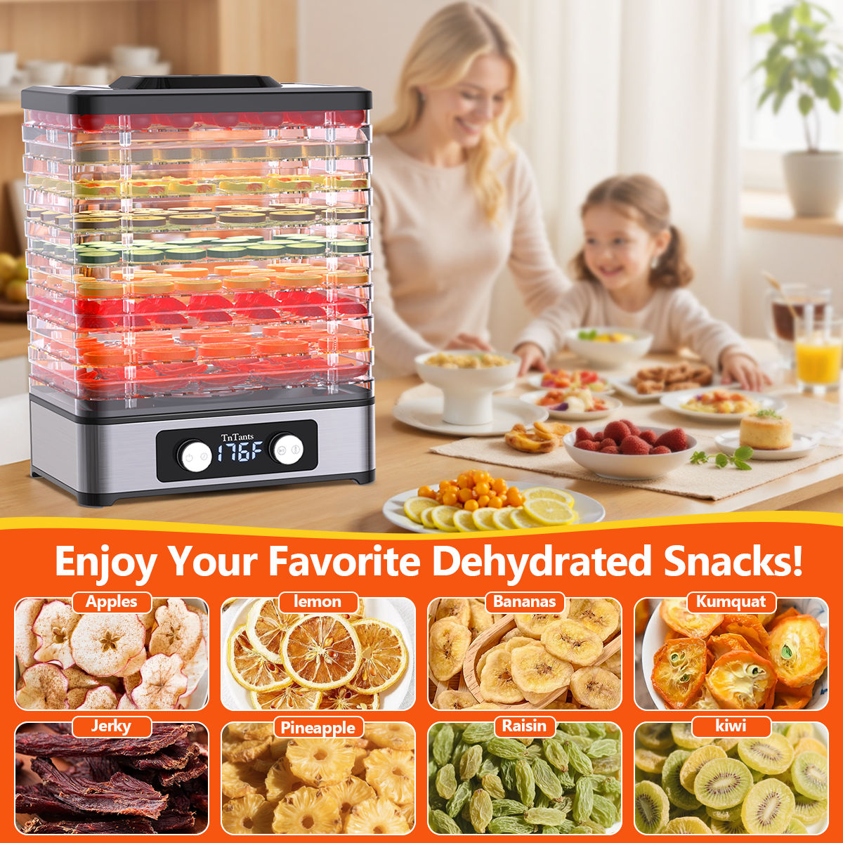 TNTANTS Food Dehydrator, 9 Trays Electric Dehydrated Dryer with Adjustable 48H Timer & 95-176℉ Temperature Control, Dehydrator for Food and Jerky, Fruits, Veggies, Pet Treat