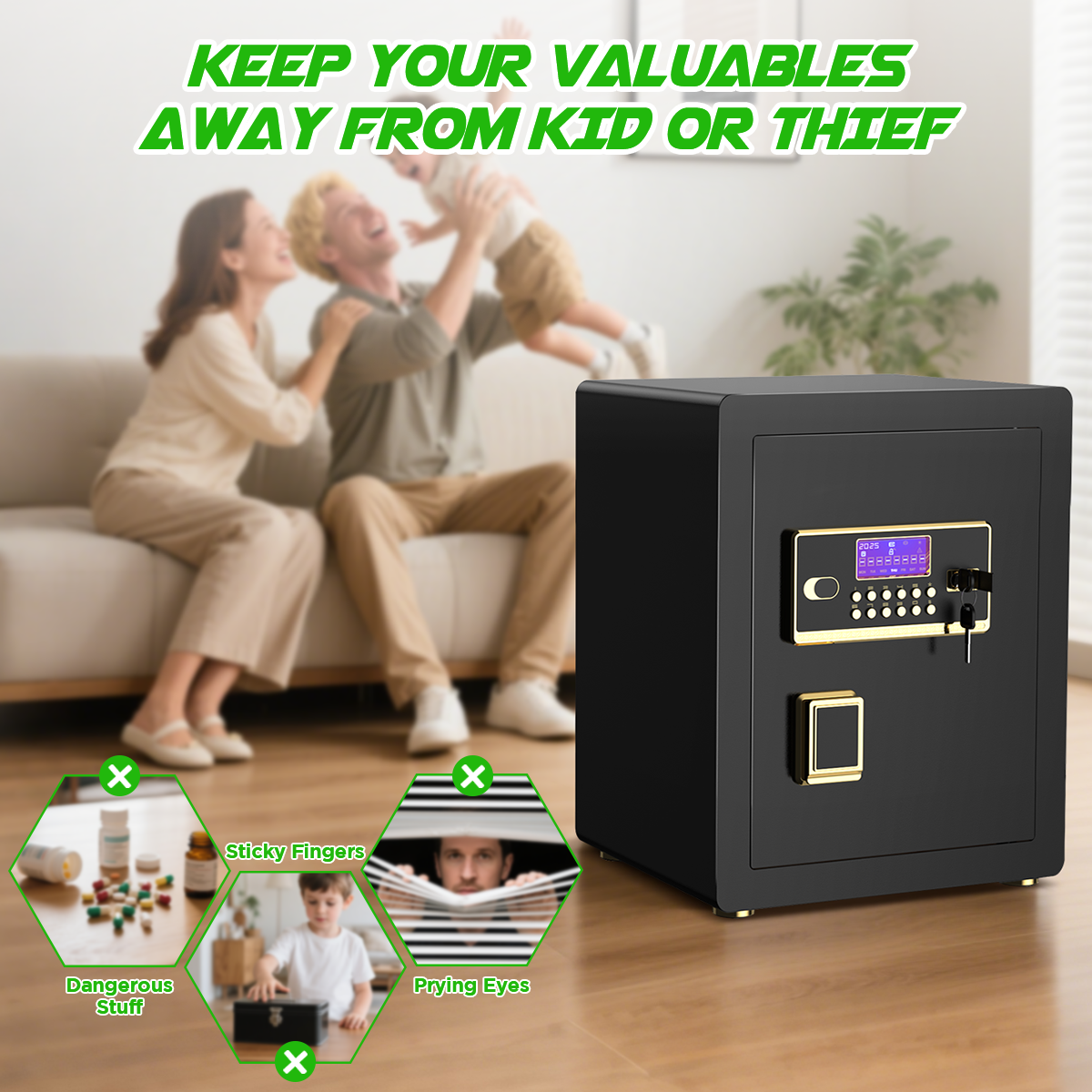 Gemaisil 3.0 Cuft Safe Box with Digital Keypad, Security Safe with Fireproof Waterproof Bag, Adjustable Shelf, Alarm System, Office & Home Safes for Cash, Jewelry, Documents, Black
