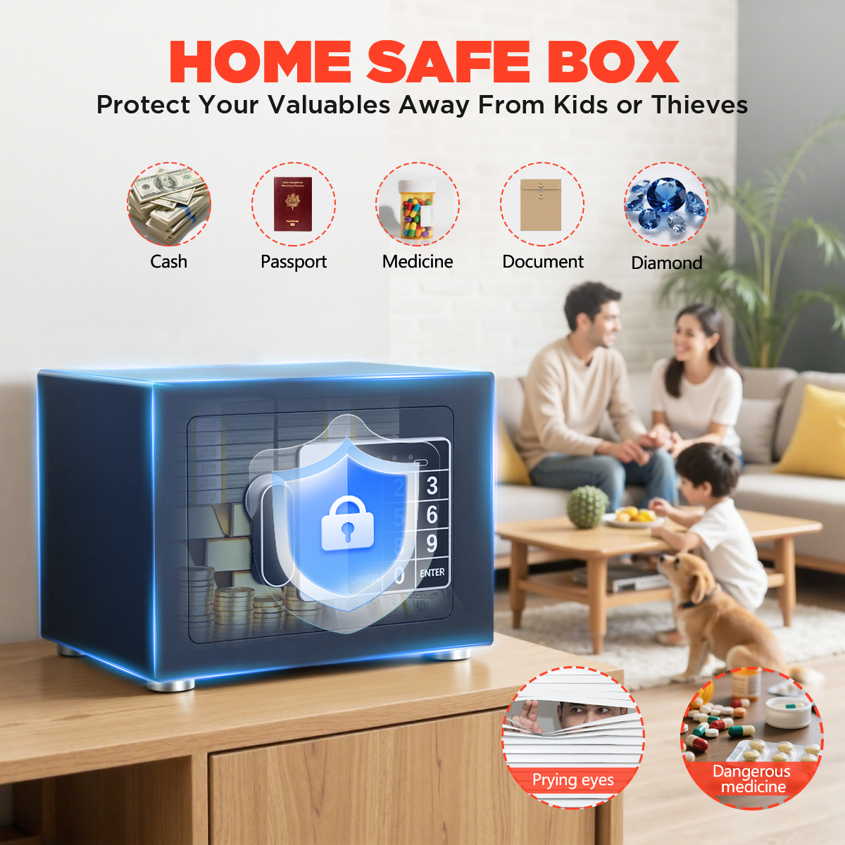 SYSENFO Electronic Digital Safe Box, 0.25 Cubic Feet Home Security Box for Office Hotel Business, Lock Box with Key Keypad for Cash Jewelry Black