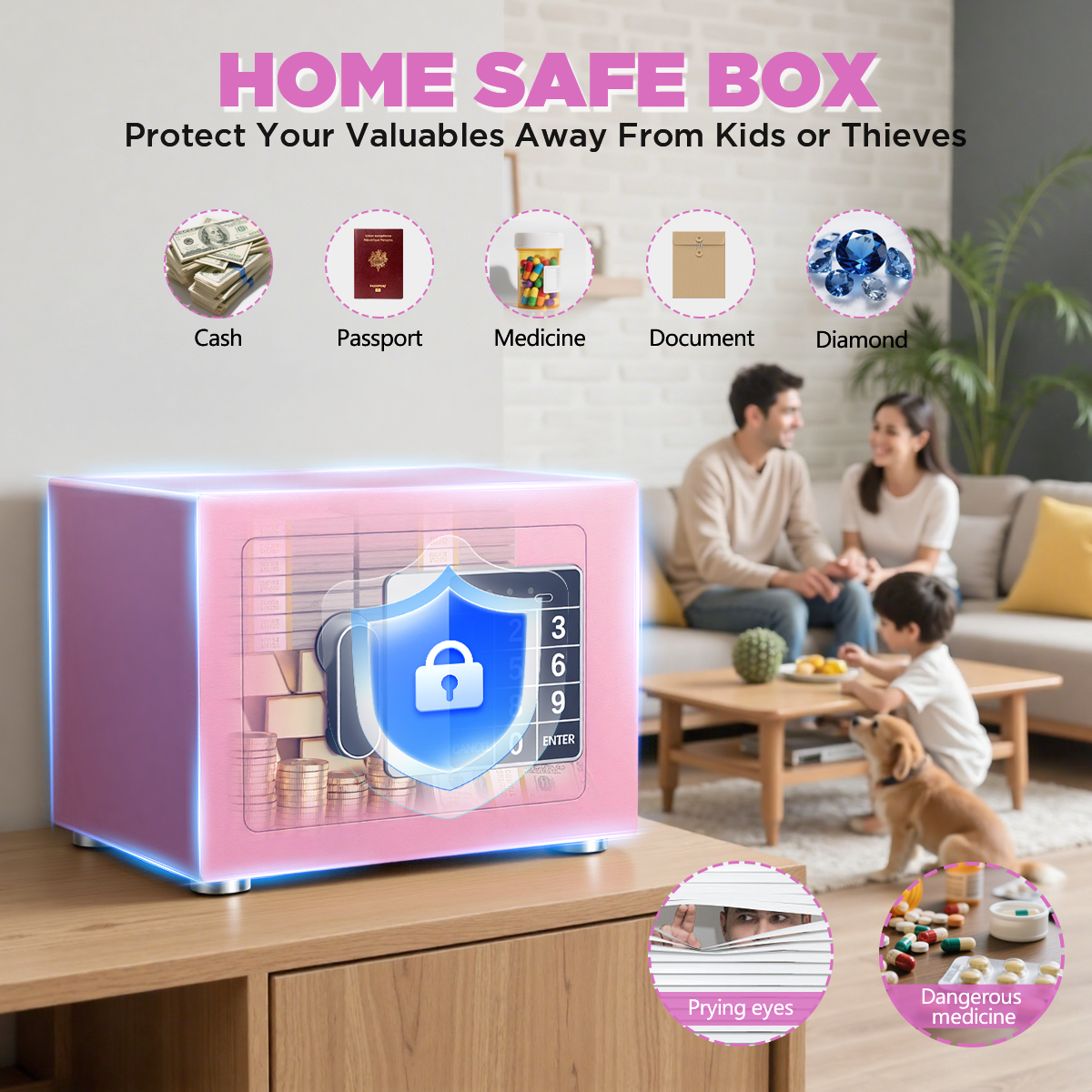 SYSENFO Electronic Digital Safe Box, 0.25 Cubic Feet Home Security Box for Office Hotel Business, Lock Box with Key Keypad for Cash Jewelry Pink