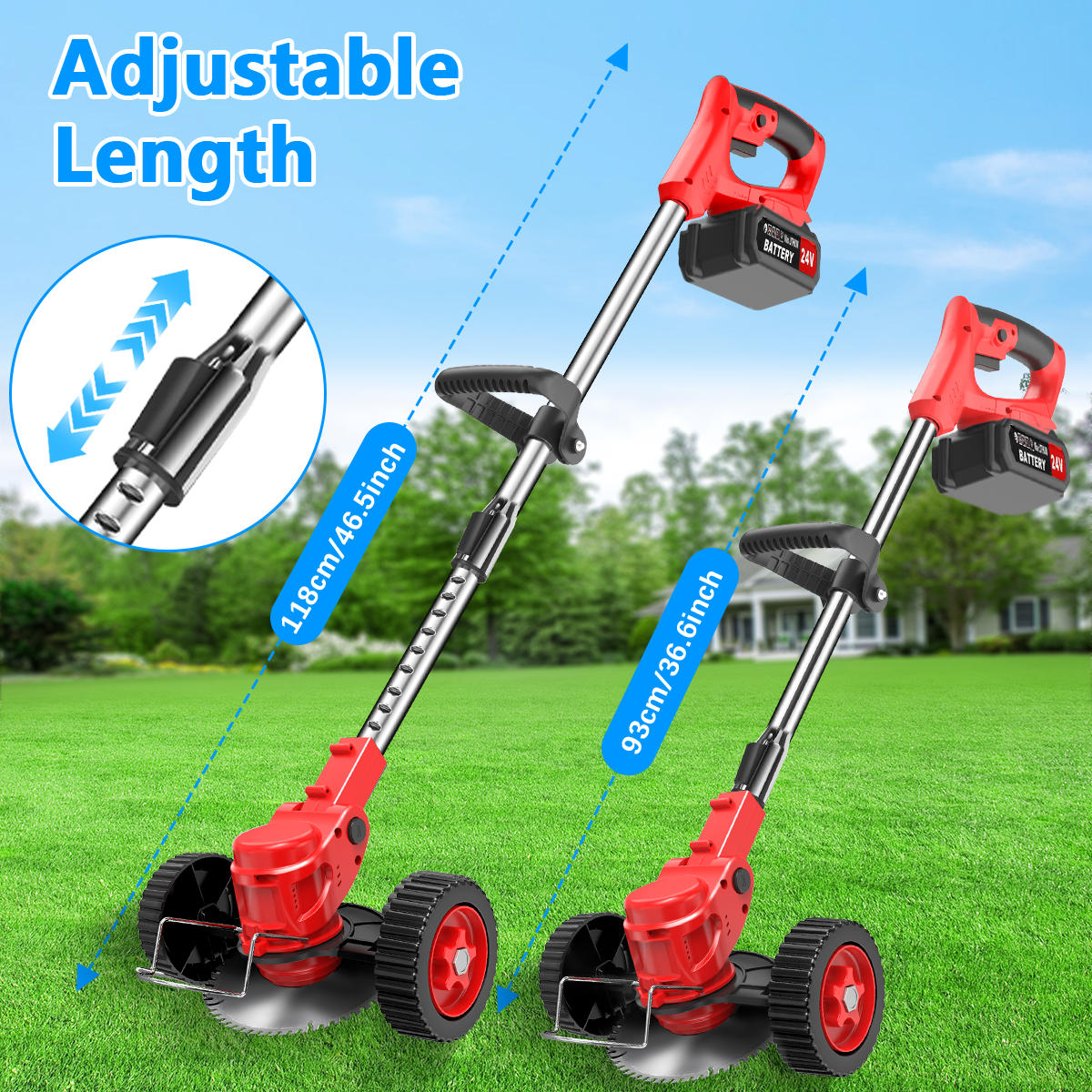 TNTANTS Electric Weed Wacker, Cordless String Trimmer with Wheels, 2Pcs 24V Batteries, 3 Types of Blades, Adjustable Length, Weed Eater Grass Trimmer/Edger/Brush Cutter for Lawn Yard Garden (Red)