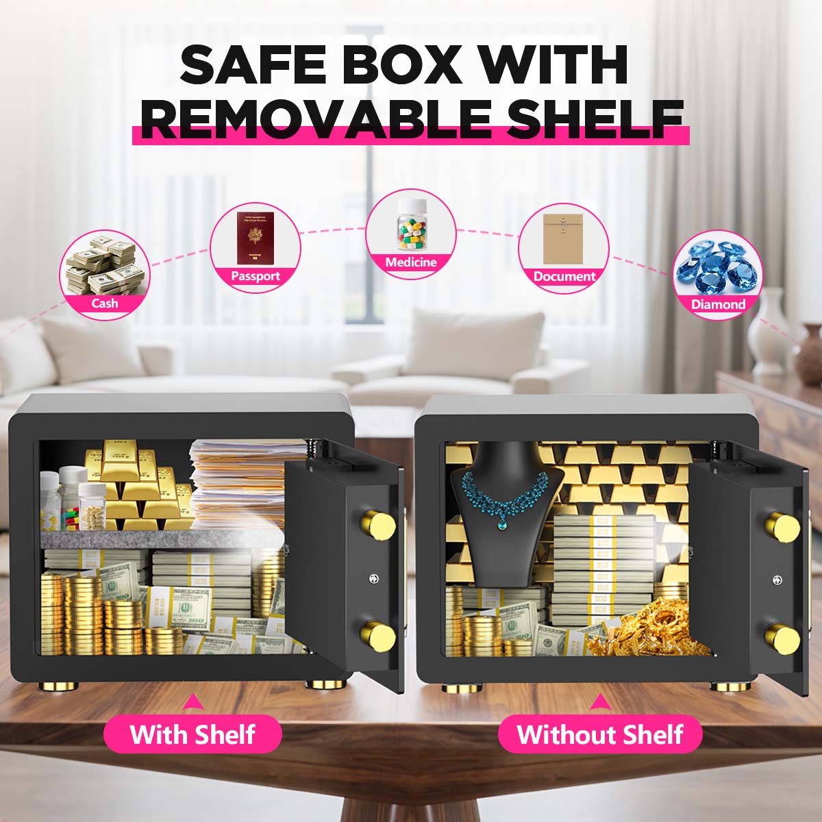 SYSENFO 1.5 Cuft Safe Box, Digital Keypad Home Security Safe With Fireproof Waterproof Bag & Adjustable Shelf