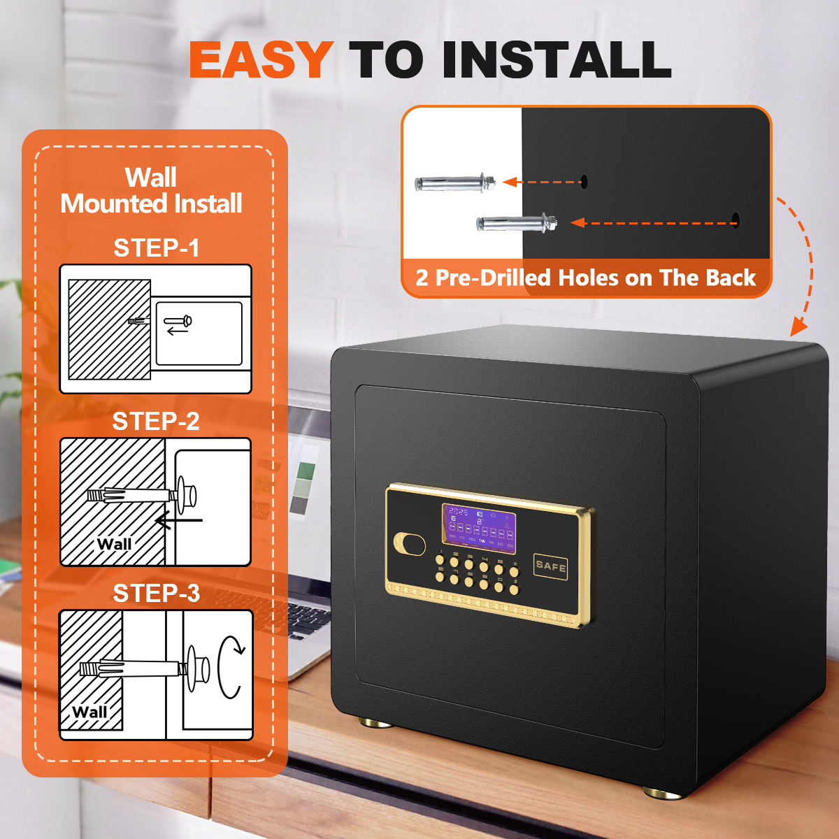 Gemaisil 2.5 Cuft Safe Box with Digital Keypad, Security Safe with Fireproof Waterproof Bag, Adjustable Shelf, Alarm System, Office & Home Safes for Cash, Jewelry, Documents, Black