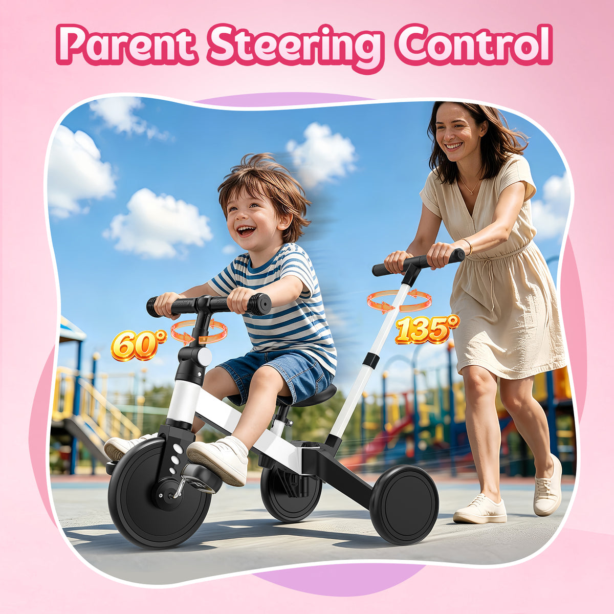 ODKDY 4 in 1 Toddler Bike, Kids Tricycle for 1-5 Years Old, Toddler Tricycle for Boy Girl, Baby Balance Bike with Parent Steering Push Handle, Removable Pedal, Adjustable Seat White