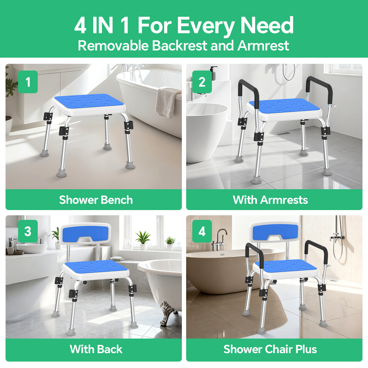 TNTANTS Shower Chair, Shower Stool for Inside Shower with Removable Armrests & Back, Upgraded Supports up to 350lbs, Adjustable Height Shower Bench for Elderly Disabled