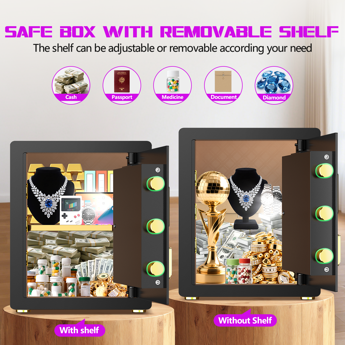 Gemaisil New 3.0 Cuft Safe Box with Digital Keypad, Security Safe with Fireproof Waterproof Bag, Adjustable Shelf, Alarm System, Office & Home Safes for Cash, Jewelry, Documents, Black