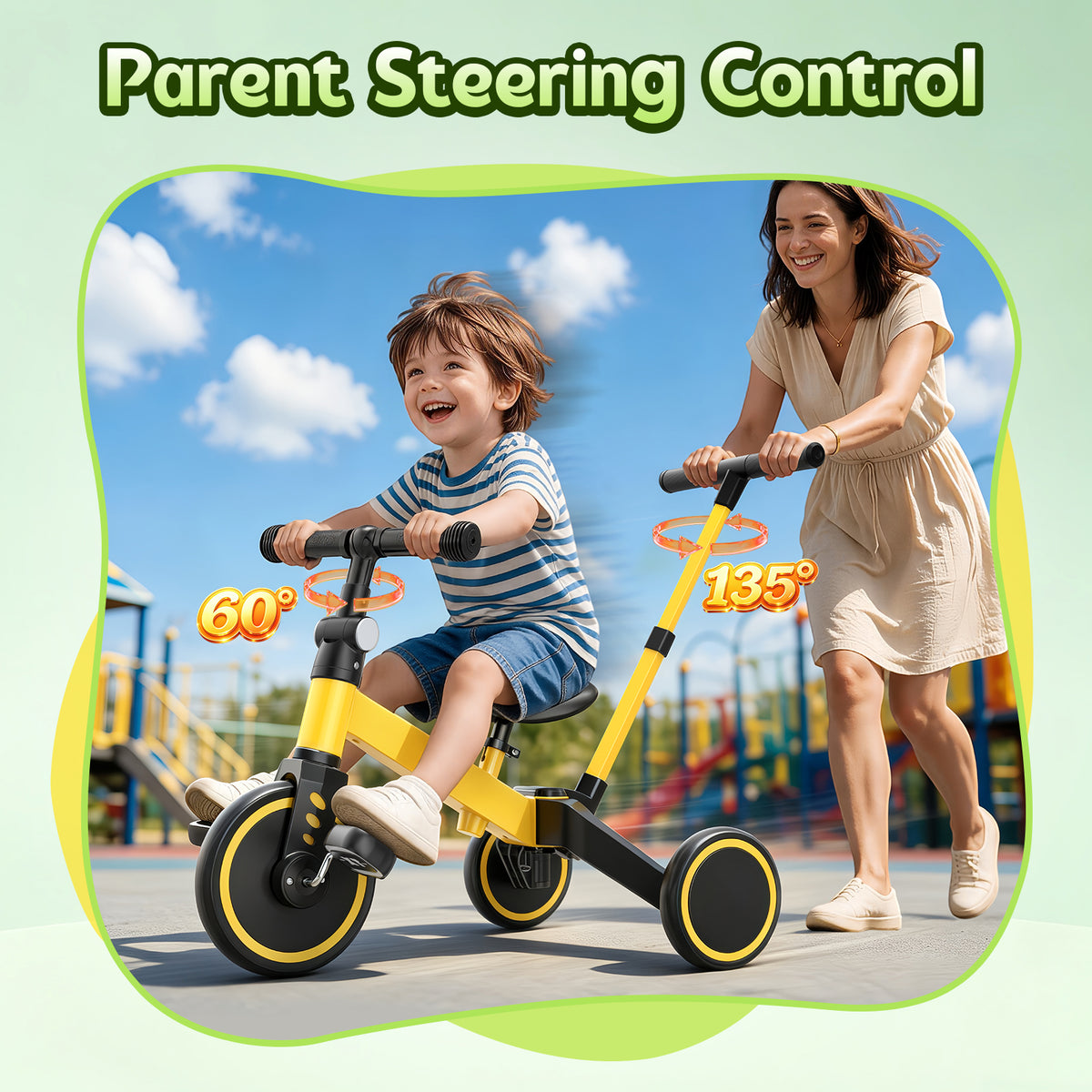 ODKDY 4 in 1 Toddler Bike, Kids Tricycle for 1-5 Years Old, Toddler Tricycle for Boy Girl, Baby Balance Bike with Parent Steering Push Handle, Removable Pedal, Adjustable Seat Yellow