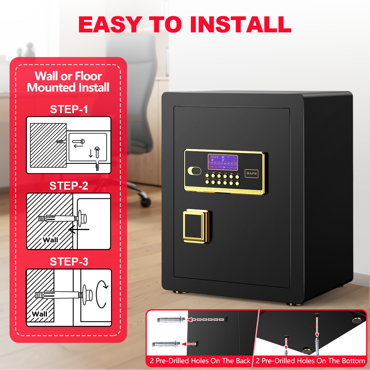 BESAFETY 3.5 Cuft Large Safe Box, Digital Keypad Home Security Safe With Fireproof Bag & Alarm System(Black)