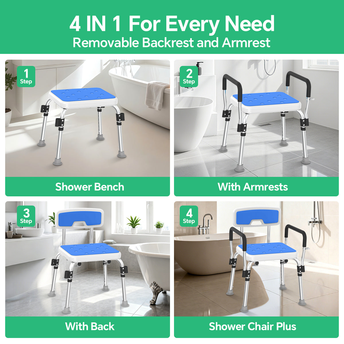 TNTANTS Shower Chair for Inside Shower with Armrests & Back, Upgraded Supports up to 350lbs Shower Seat with Padded and Grab Bar, Adjustable Height Shower Bench for Elderly Disabled