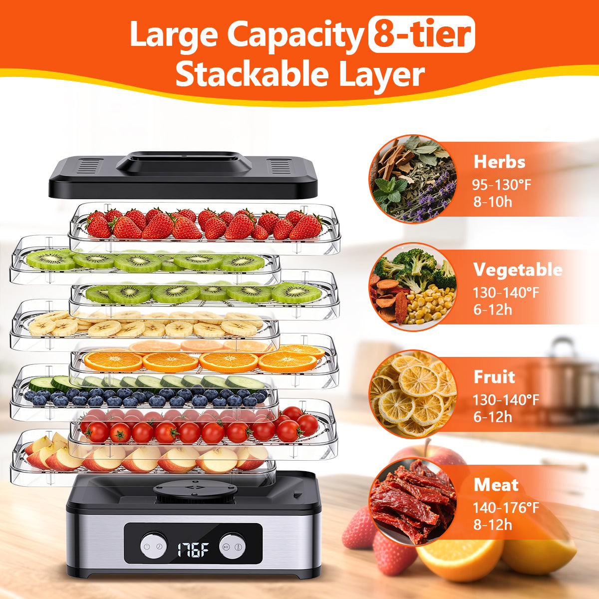 ODKDY Food Dehydrator, 8 Trays Electric Dehydrated Dryer with Adjustable 48H Timer & 95-176℉ Temperature Control, Dehydrator for Food and Jerky, Fruits, Veggies, Pet Treat