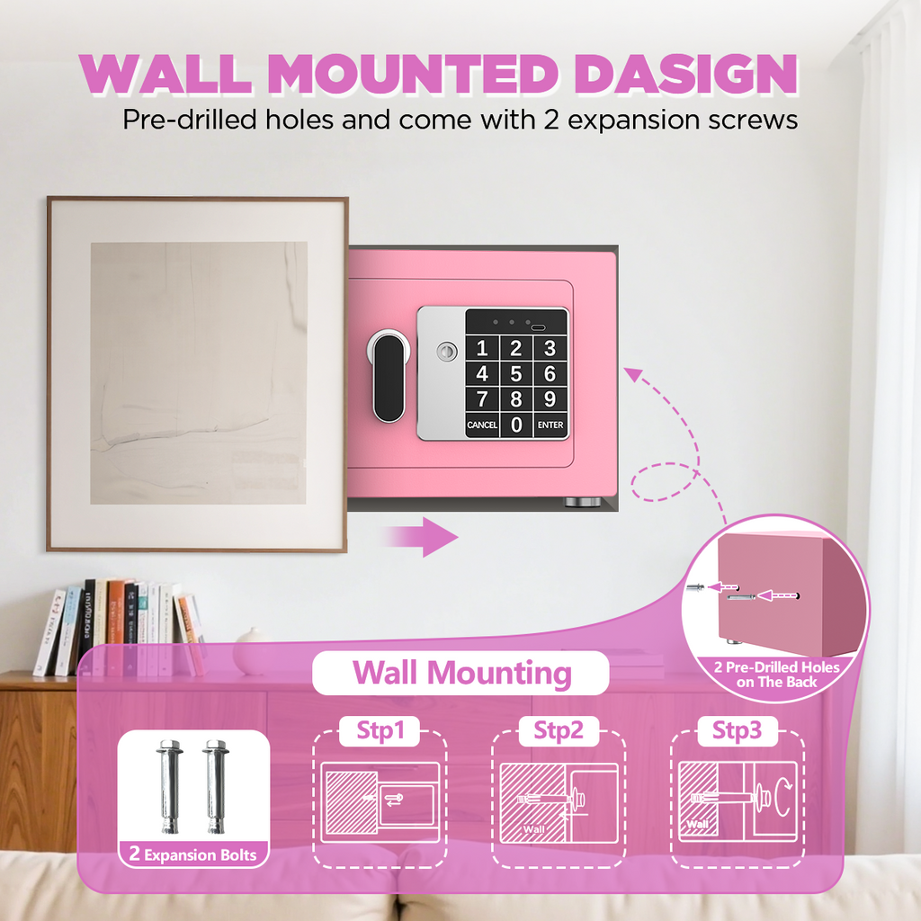 SYSENFO Electronic Digital Safe Box, 0.25 Cubic Feet Home Security Box for Office Hotel Business, Lock Box with Key Keypad for Cash Jewelry Pink