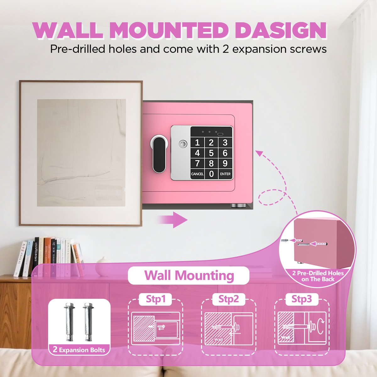 SYSENFO Electronic Digital Safe Box, 0.25 Cubic Feet Home Security Box for Office Hotel Business, Lock Box with Key Keypad for Cash Jewelry Pink