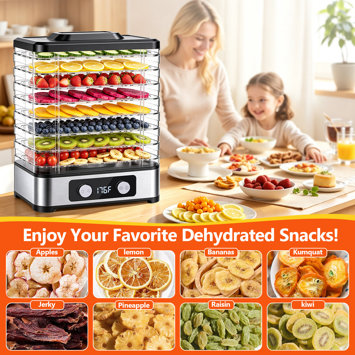 ODKDY Food Dehydrator, 8 Trays Electric Dehydrated Dryer with Adjustable 48H Timer & 95-176℉ Temperature Control, Dehydrator for Food and Jerky, Fruits, Veggies, Pet Treat