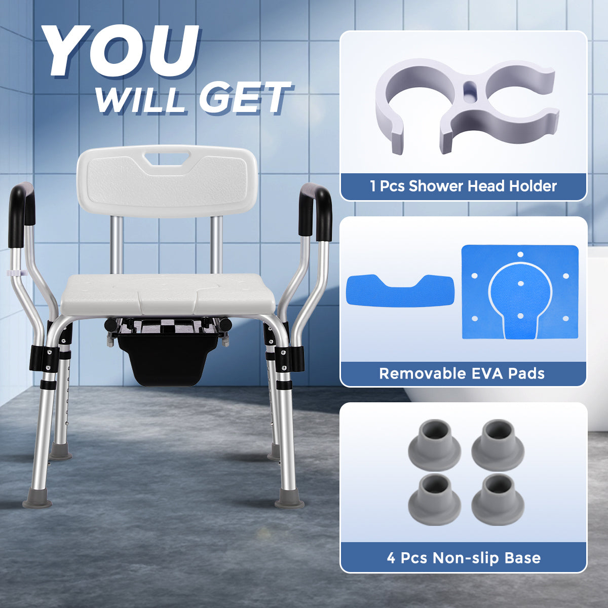 TNTANTS Shower Chair with Bedside Commode, Versatile 3 in 1 Shower Stool for Inside Shower, Raised Toilet Seat with Height Adjustable for Elderly, Disabled