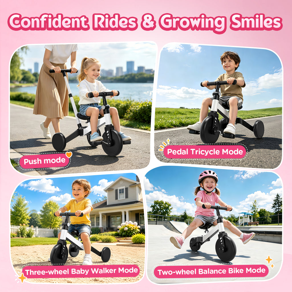 ODKDY 4 in 1 Toddler Bike, Kids Tricycle for 1-5 Years Old, Toddler Tricycle for Boy Girl, Baby Balance Bike with Parent Steering Push Handle, Removable Pedal, Adjustable Seat White