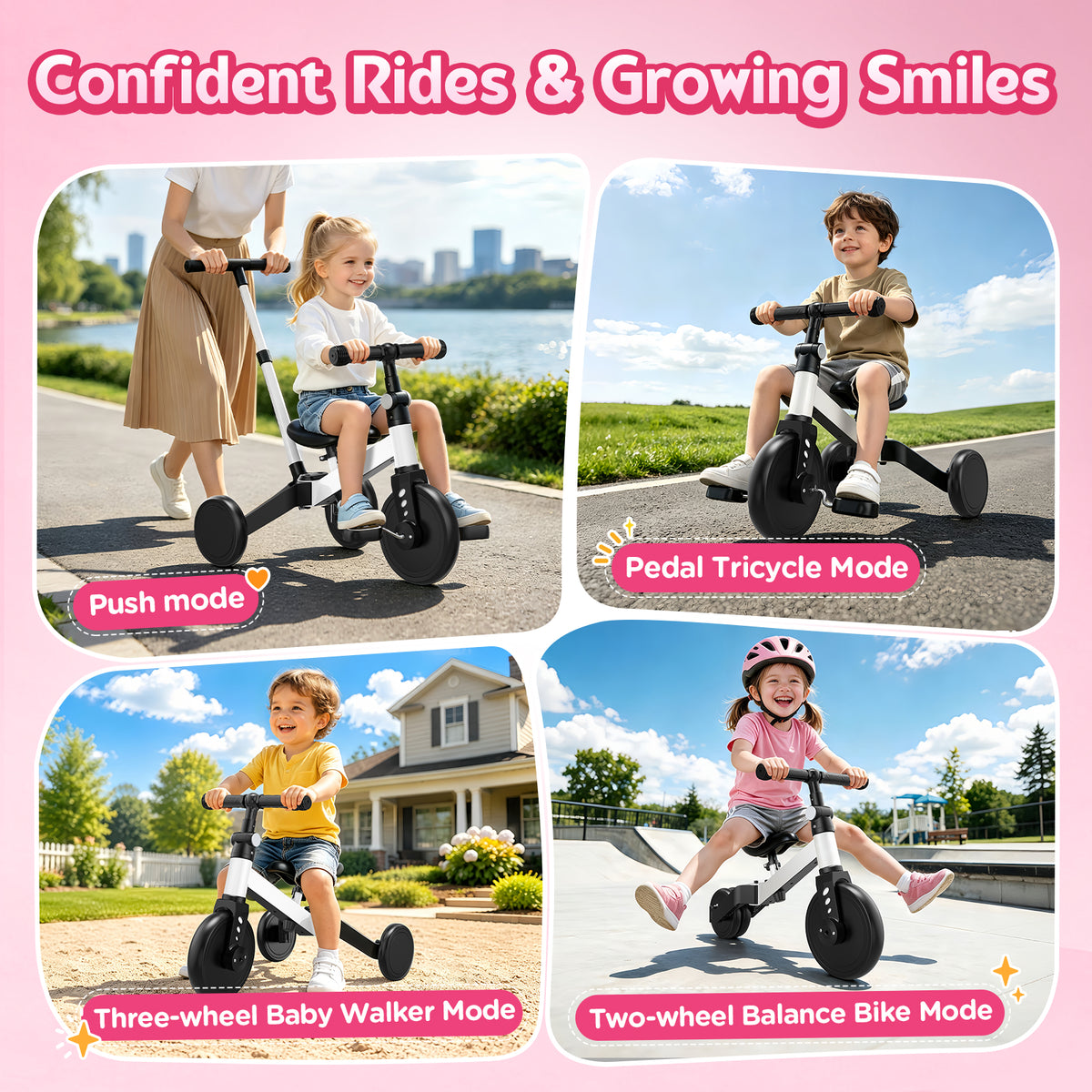 ODKDY 4 in 1 Toddler Bike, Kids Tricycle for 1-5 Years Old, Toddler Tricycle for Boy Girl, Baby Balance Bike with Parent Steering Push Handle, Removable Pedal, Adjustable Seat White