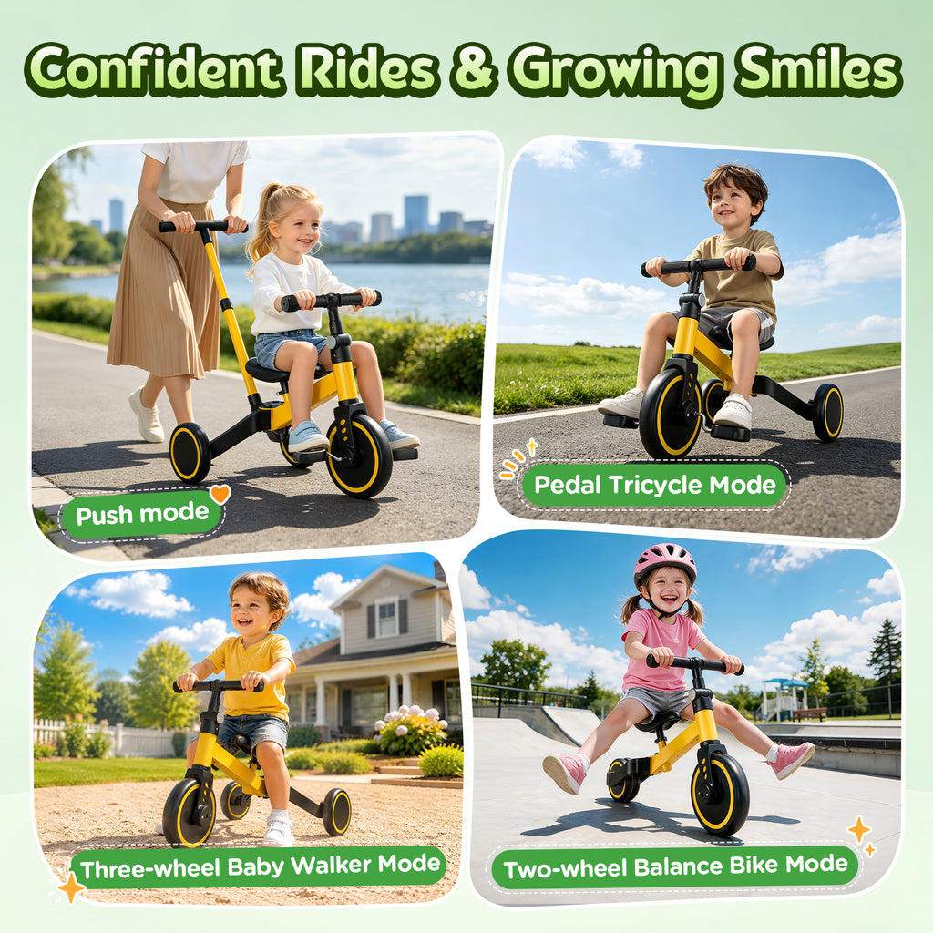 ODKDY 4 in 1 Toddler Bike, Kids Tricycle for 1-5 Years Old, Toddler Tricycle for Boy Girl, Baby Balance Bike with Parent Steering Push Handle, Removable Pedal, Adjustable Seat Yellow
