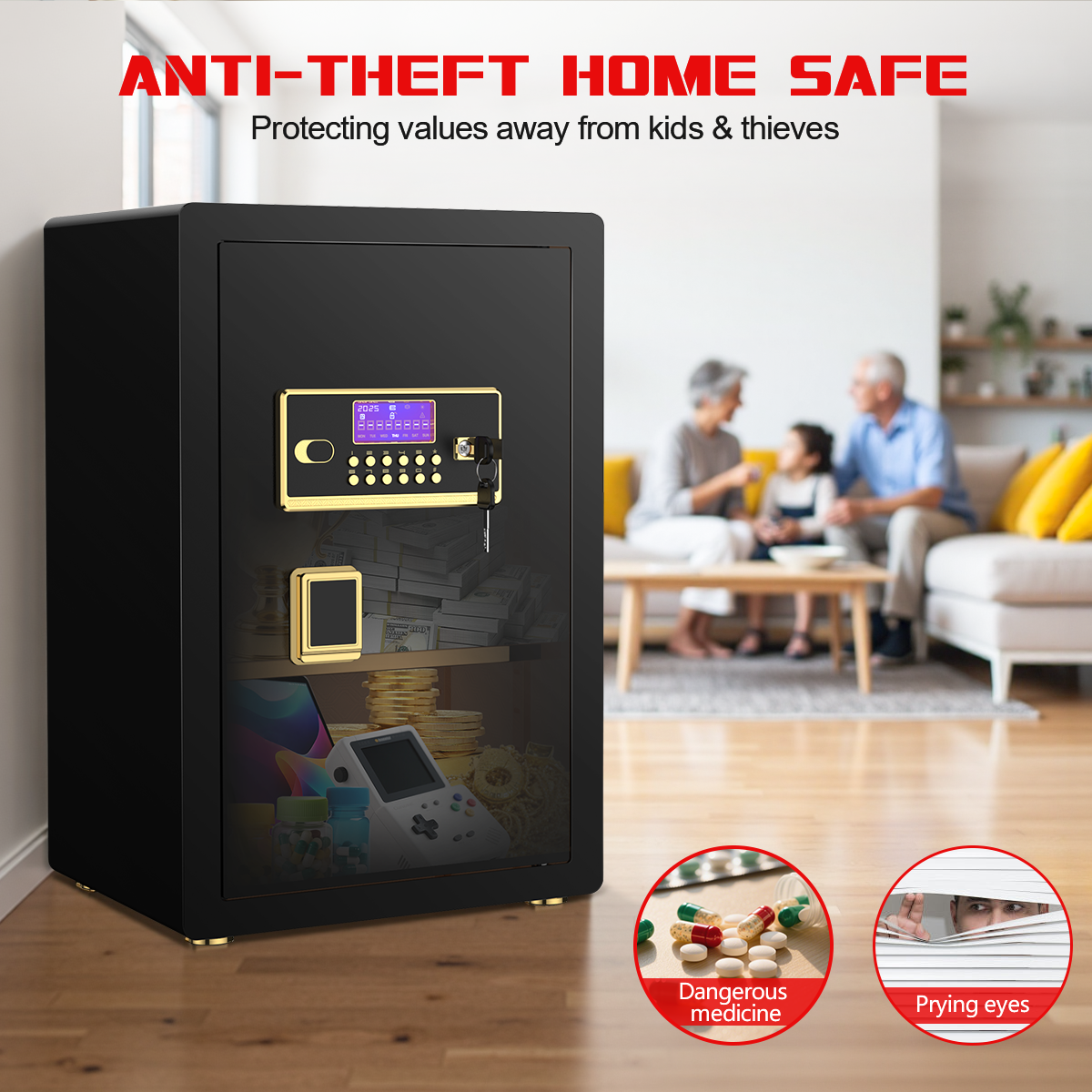 Gemaisil 5.5 Cuft Large Safe Box, Security Home Safe with Interior Safe Lock Box & Fireproof Document Bag