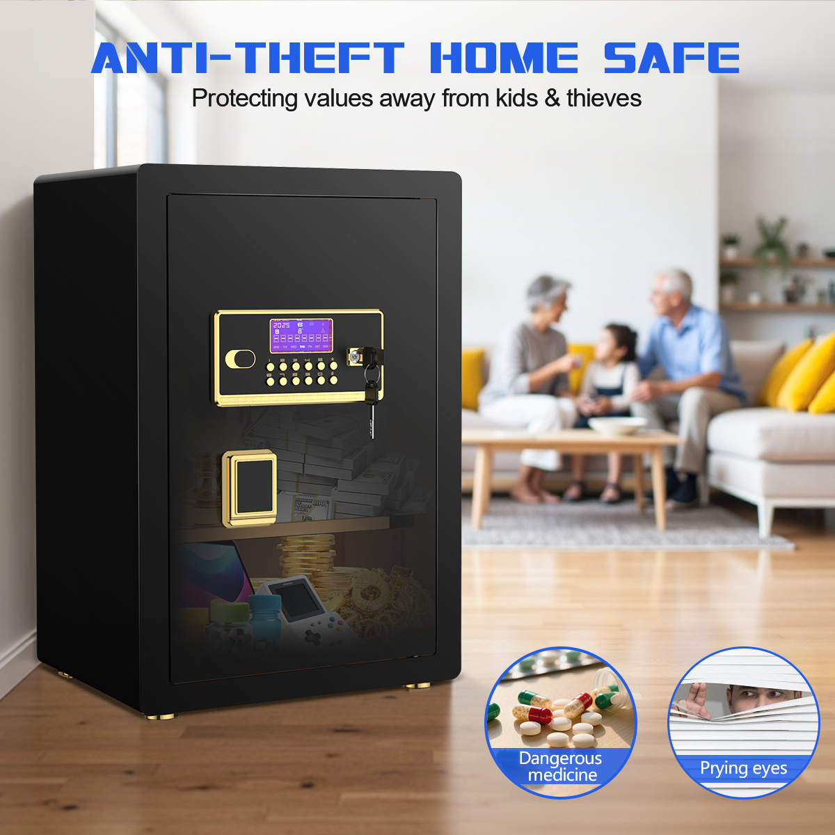 Gemaisil 5.0 Cuft Large Security Safe Box for Home & Office, Digital Keypad Lock, Built-in Alarm System & Fireproof Bag, Safe for Save Cash, Valuables (Black)