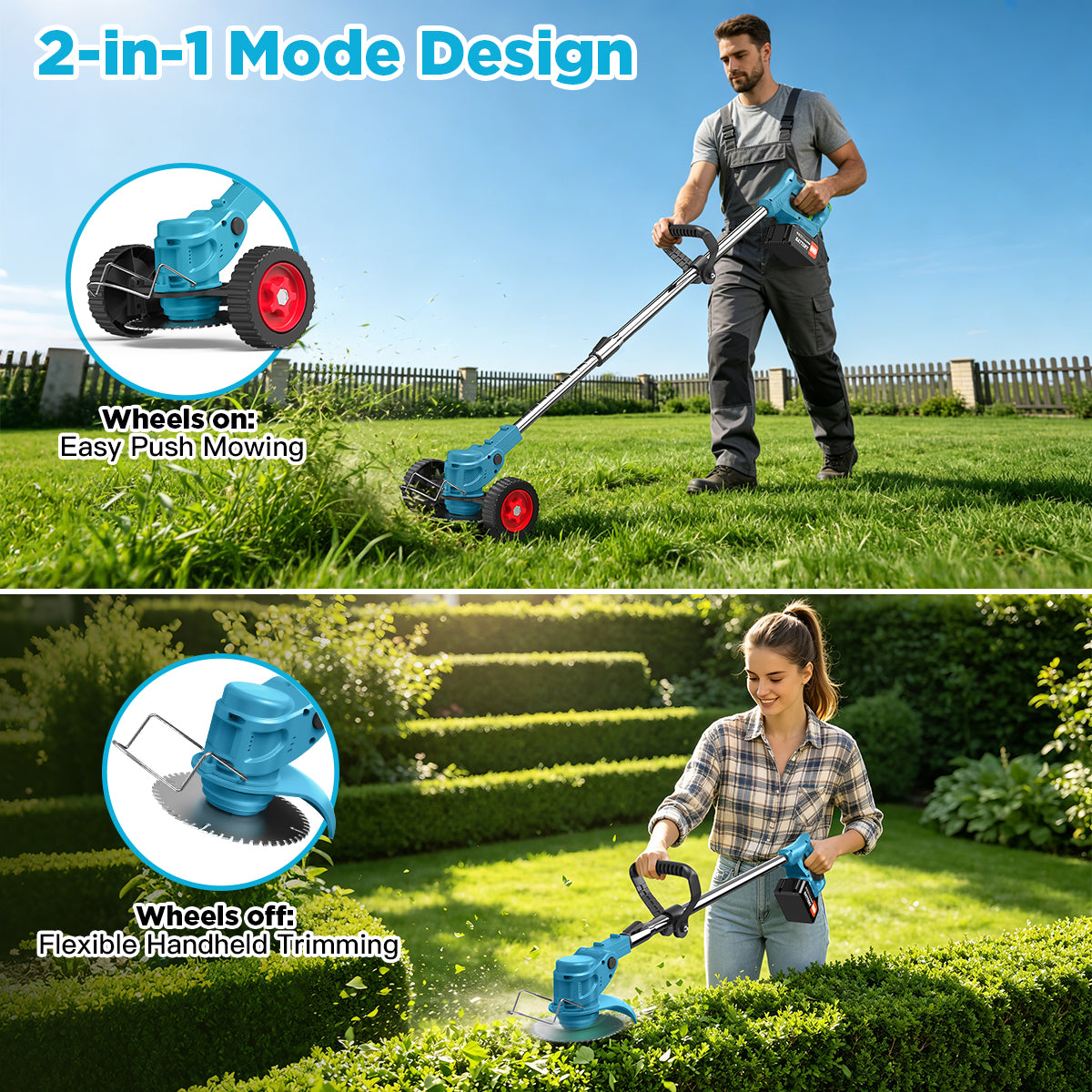 TNTANTS Weed Wacker Cordless, 3-in-1 Lightweight Electric String Trimmer with 3 Types of Blades, Wheels, 24V Battery, Weed Eater Grass Trimmer/Edger/Brush Cutter for Lawn Yard Garden (Blue)