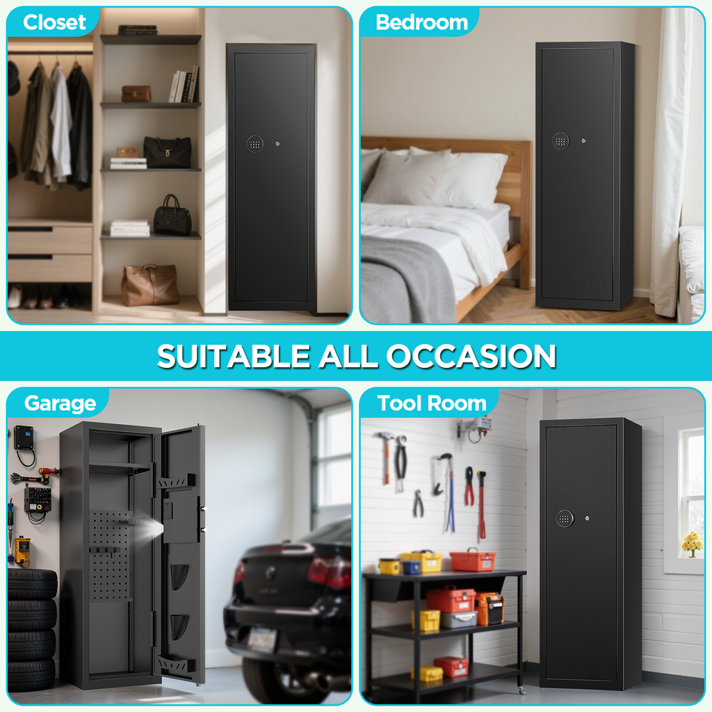 SYSENFO 8-10 Gun Cabinet, Quick Access Long Gun Safe for Home Rifles and Pistols, Large Unassembled Rifle Safe with Removable Shelves, Digital Keypad, Pegboard