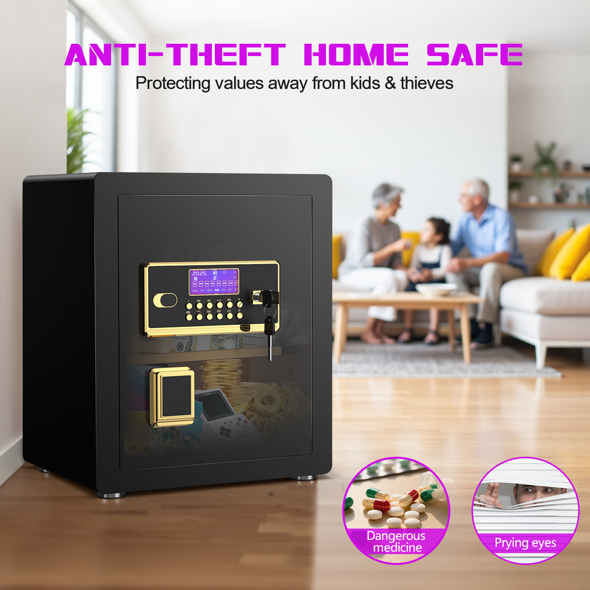 BESAFETY 3.0 Cuft Large Security Safe Box, Digital Keypad Lock, Built-in Alarm System & Fireproof Bag, Home & Office Safe for Cash, Valuables (Black)