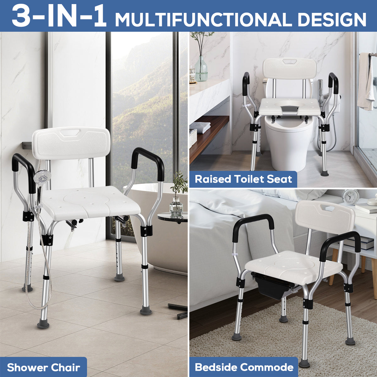 TNTANTS Shower Chair with Bedside Commode, Versatile 3 in 1 Shower Stool for Inside Shower, Raised Toilet Seat with Height Adjustable for Elderly, Disabled