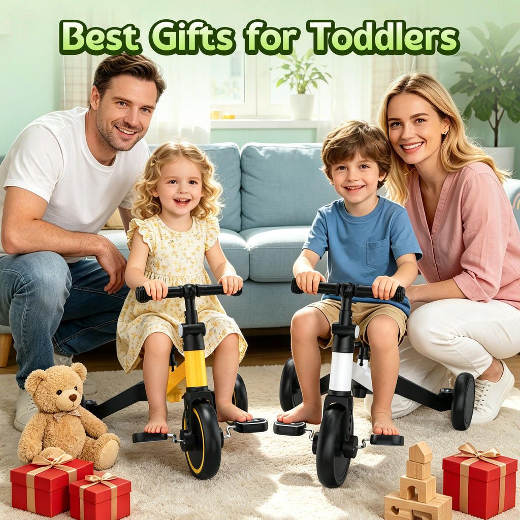 ODKDY 4 in 1 Toddler Bike, Kids Tricycle for 1-5 Years Old, Toddler Tricycle for Boy Girl, Baby Balance Bike with Parent Steering Push Handle, Removable Pedal, Adjustable Seat Yellow