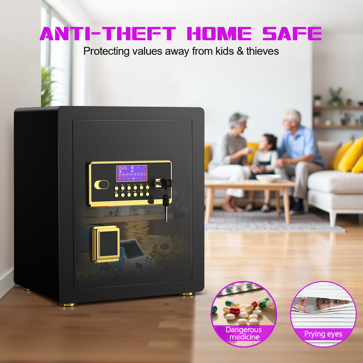 Gemaisil New 3.0 Cuft Safe Box with Digital Keypad, Security Safe with Fireproof Waterproof Bag, Adjustable Shelf, Alarm System, Office & Home Safes for Cash, Jewelry, Documents, Black