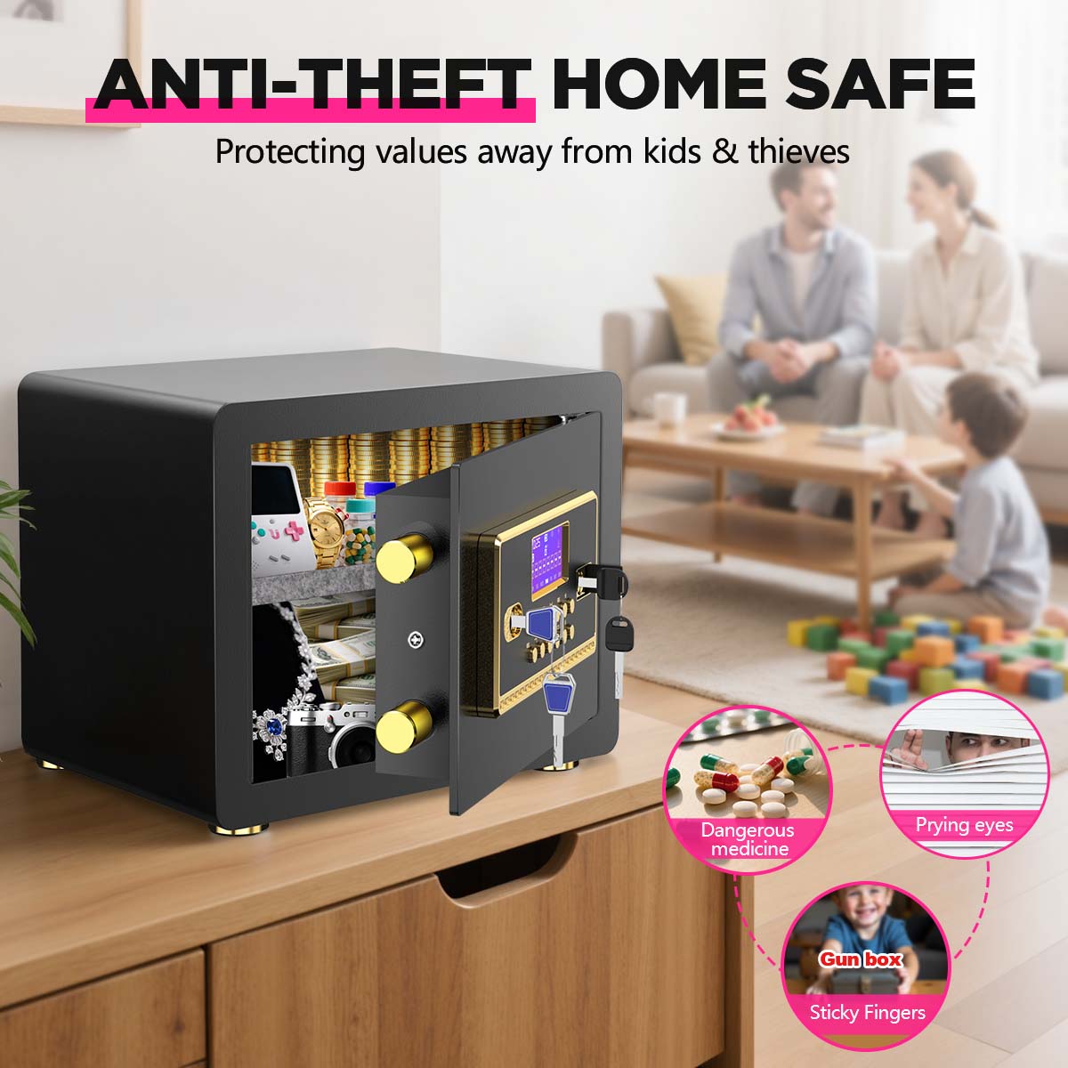 SYSENFO 1.5 Cuft Safe Box, Digital Keypad Home Security Safe With Fireproof Waterproof Bag & Adjustable Shelf
