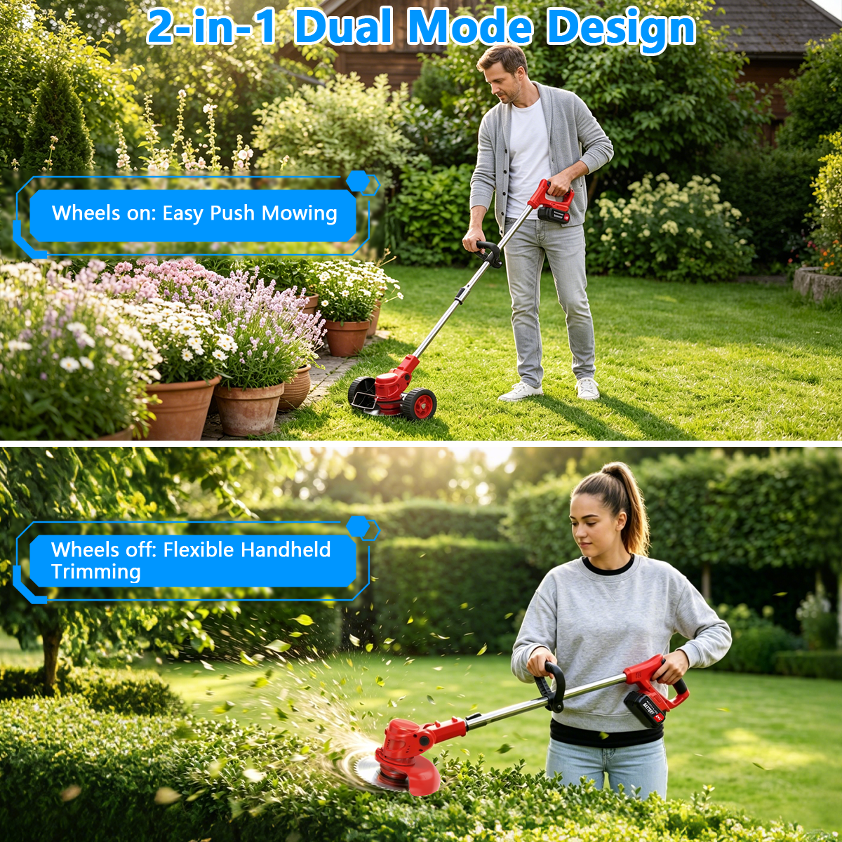 TNTANTS Electric Weed Wacker, Cordless String Trimmer with Wheels, 2Pcs 24V Batteries, 3 Types of Blades, Adjustable Length, Weed Eater Grass Trimmer/Edger/Brush Cutter for Lawn Yard Garden (Red)